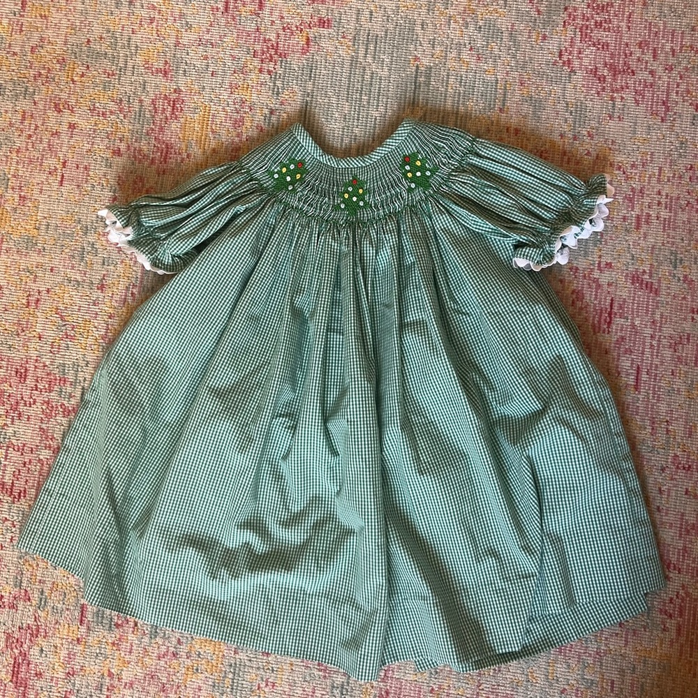 Stitchyfish Christmas Tree Smocked Green Dress